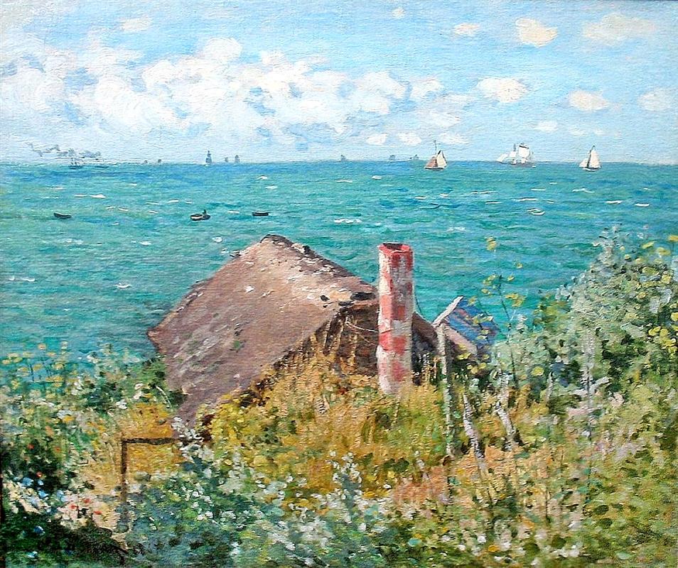 Claude Monet’s The Cabin at Saint-Adresse, painted in 1867, showing a small coastal cabin surrounded by wild grasses and flowers above a bright turquoise sea with sailboats on the horizon under a soft blue sky.