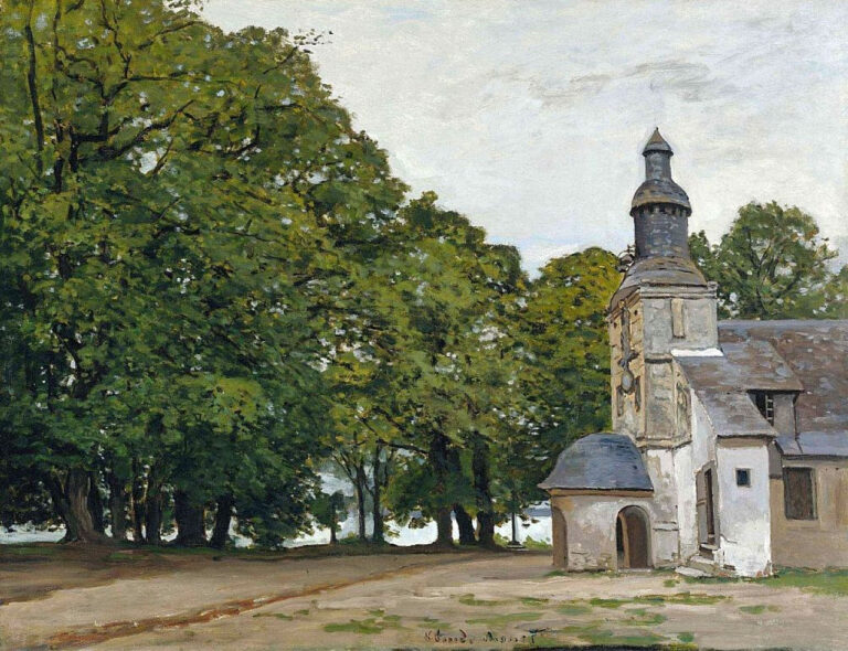 Claude Monet’s 1864 painting “The Chapel Notre-Dame de Grace at Honfleur” depicting a pale chapel with a tower beside a grove of large green trees under a soft gray sky, with an open dirt foreground and a calm rural atmosphere.