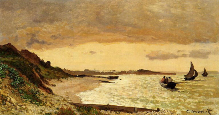 Claude Monet’s The Coast at Sainte-Adresse shows a curving Normandy shoreline with a sloped grassy bank at left, small boats near the beach and on the water, and a glowing pale horizon beneath a cloudy golden sky.