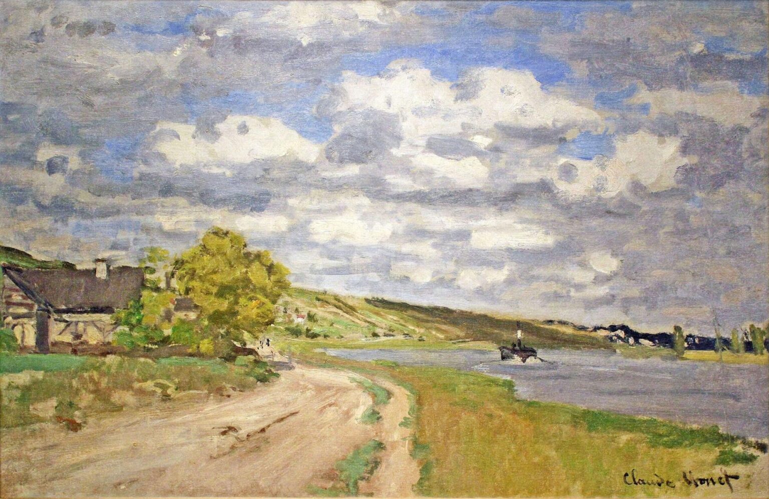 Claude Monet’s “The Estuary of the Seine” shows a curving dirt road beside a calm estuary, a house and trees on the left, a small boat on the water, and a vast sky filled with shifting white and gray clouds.