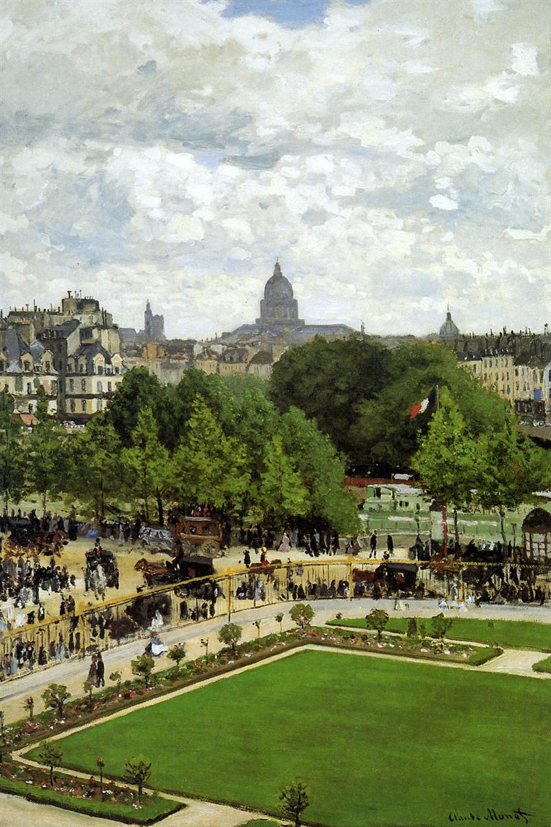Claude Monet’s “The Garden of the Princess” depicts a formal green garden and busy Parisian promenade viewed from above, with trees, carriages, distant domes, and a vast cloud filled sky.