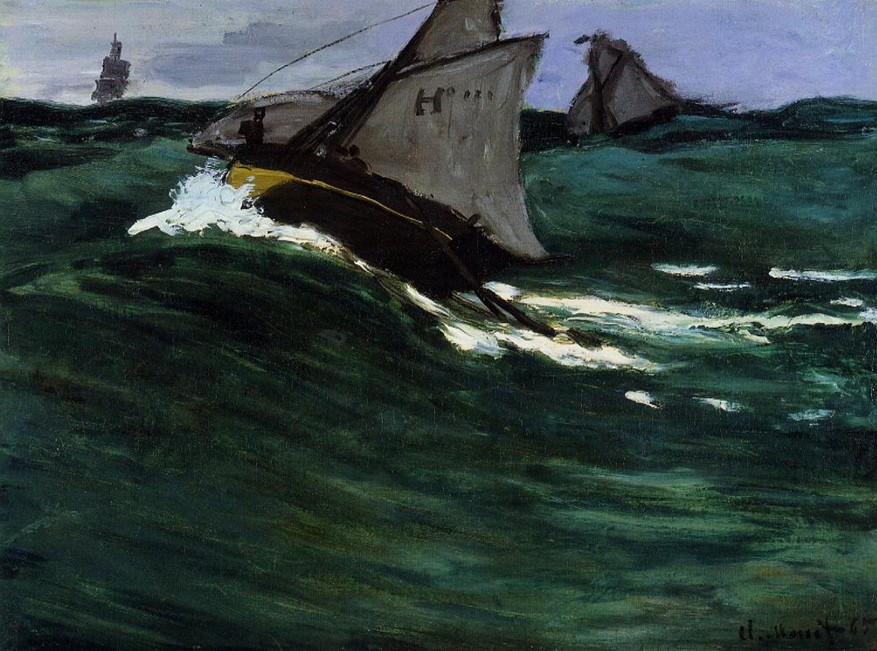 Claude Monet’s “The Green Wave” shows small sailboats struggling through dark green rolling water beneath a muted sky, with white foam breaking across the foreground wave.