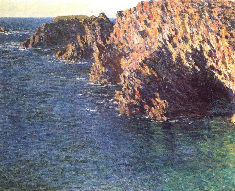 Claude Monet’s “The Grotto of Port-Domois” showing towering sunlit coastal cliffs above deep blue water, painted with broken Impressionist brushstrokes and rich contrasts of warm rock tones and cool sea colors.