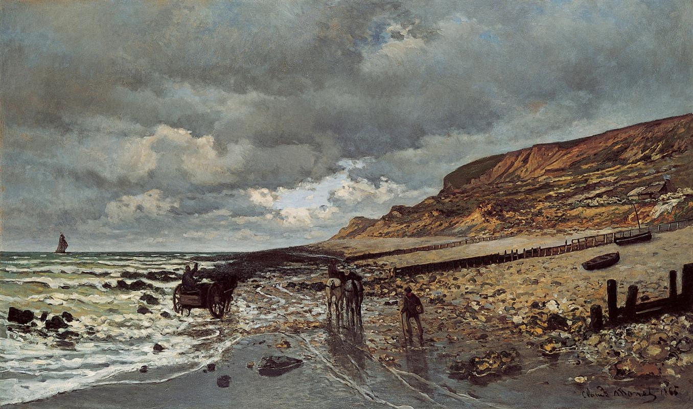 Claude Monet’s “The Headland of the Heve at Low Tide” shows a rocky beach at low tide under a heavy clouded sky, with waves breaking at left, cliffs rising at right, and small figures with horses and a cart crossing reflective wet sand.