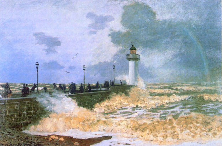 Claude Monet’s The Jetty at Le Havre shows a stormy sea crashing against a jetty lined with small figures and lampposts, with a white lighthouse rising beneath a turbulent sky and a faint rainbow.
