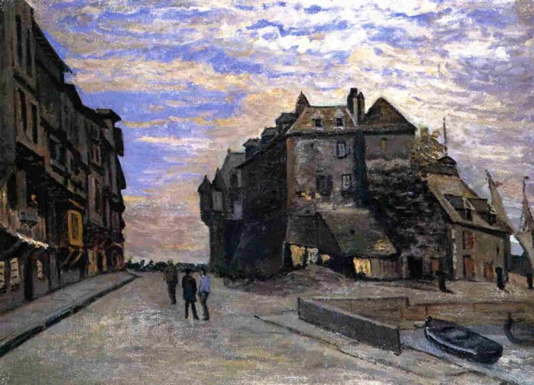 Claude Monet’s 1864 painting “The Lieutenancy at Honfleur,” showing a quiet harbor street with dark old buildings, a luminous cloud filled sky, small walking figures, and boats beside the water.