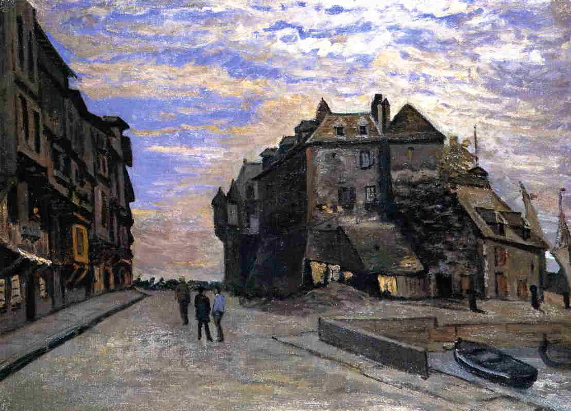 Claude Monet’s 1864 painting “The Lieutenancy at Honfleur,” showing a quiet harbor street with dark old buildings, a luminous cloud filled sky, small walking figures, and boats beside the water.