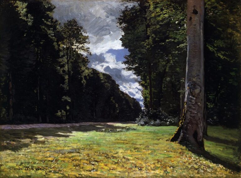 Claude Monet’s 1865 forest landscape showing a sunlit grassy clearing, a road passing through dense dark trees, a large foreground tree trunk at right, and a dramatic cloud filled sky opening in the distance.