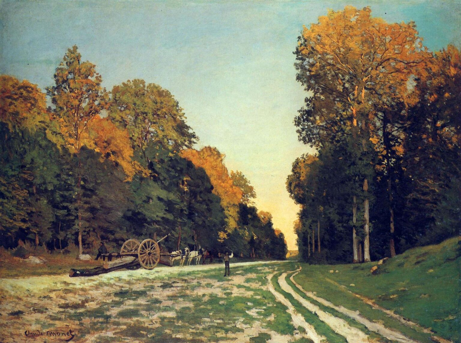 Claude Monet’s The Road from Chailly to Fontainebleau (1864), a landscape painting showing a pale road through the Fontainebleau forest, lined with tall trees in green and golden tones, with a wagon, horses, and small figures under a wide blue sky.