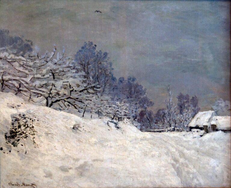 Claude Monet’s 1867 winter landscape “The Road in front of Saint-Simeon Farm in Winter,” showing a snow-covered road, bare trees on a slope, a farmhouse in the distance, and a pale gray sky.