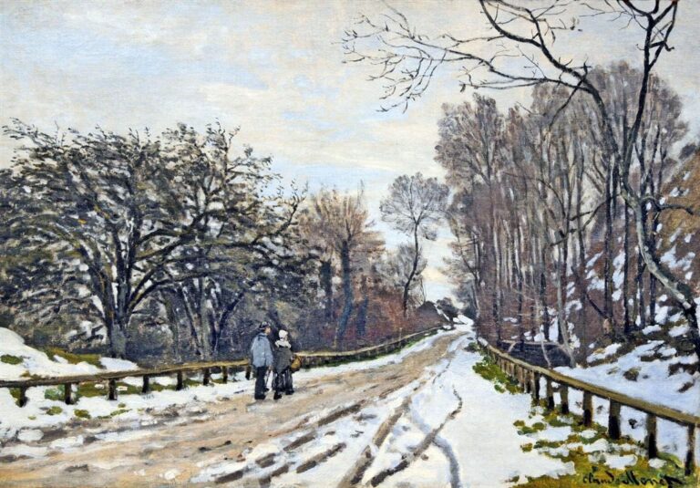 Claude Monet’s “The Road to the Farm of Saint-Simeon” shows a muddy snow-covered country road lined with bare winter trees, two small figures walking toward the distance, and a pale sky above the Normandy landscape.