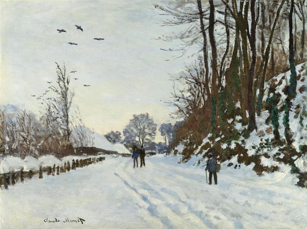 Claude Monet’s “The Road to the Farm of Saint-Simeon in Winter” shows a snow-covered country road with a few small figures walking through a quiet winter landscape, bordered by bare trees and watched over by birds in a pale sky.