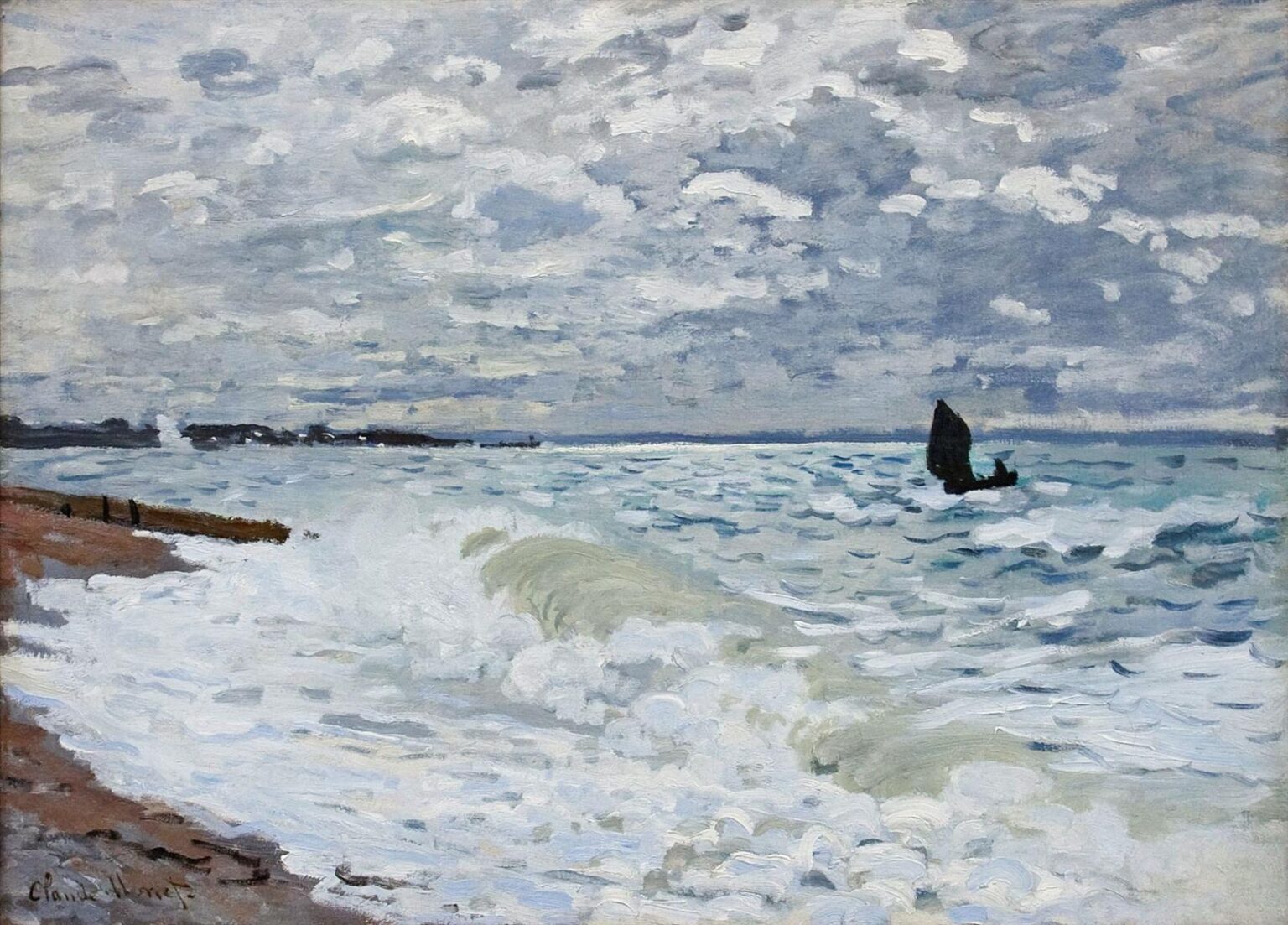Claude Monet’s The Sea at Saint-Adresse shows foaming waves breaking along a beach beneath a wide cloud-filled sky, with a small dark sailboat crossing the bright blue-gray sea in the distance.
