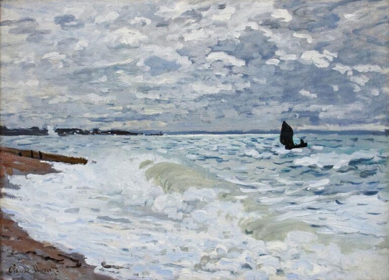 Claude Monet’s The Sea at Saint-Adresse shows foaming waves breaking along a beach beneath a wide cloud-filled sky, with a small dark sailboat crossing the bright blue-gray sea in the distance.