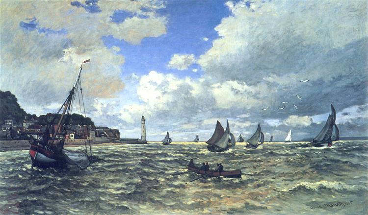 Claude Monet’s “The Seine Estuary at Honfleur” shows sailboats and a small rowing boat moving across choppy water beneath a vast cloud filled sky, with a lighthouse and shoreline buildings in the distance.