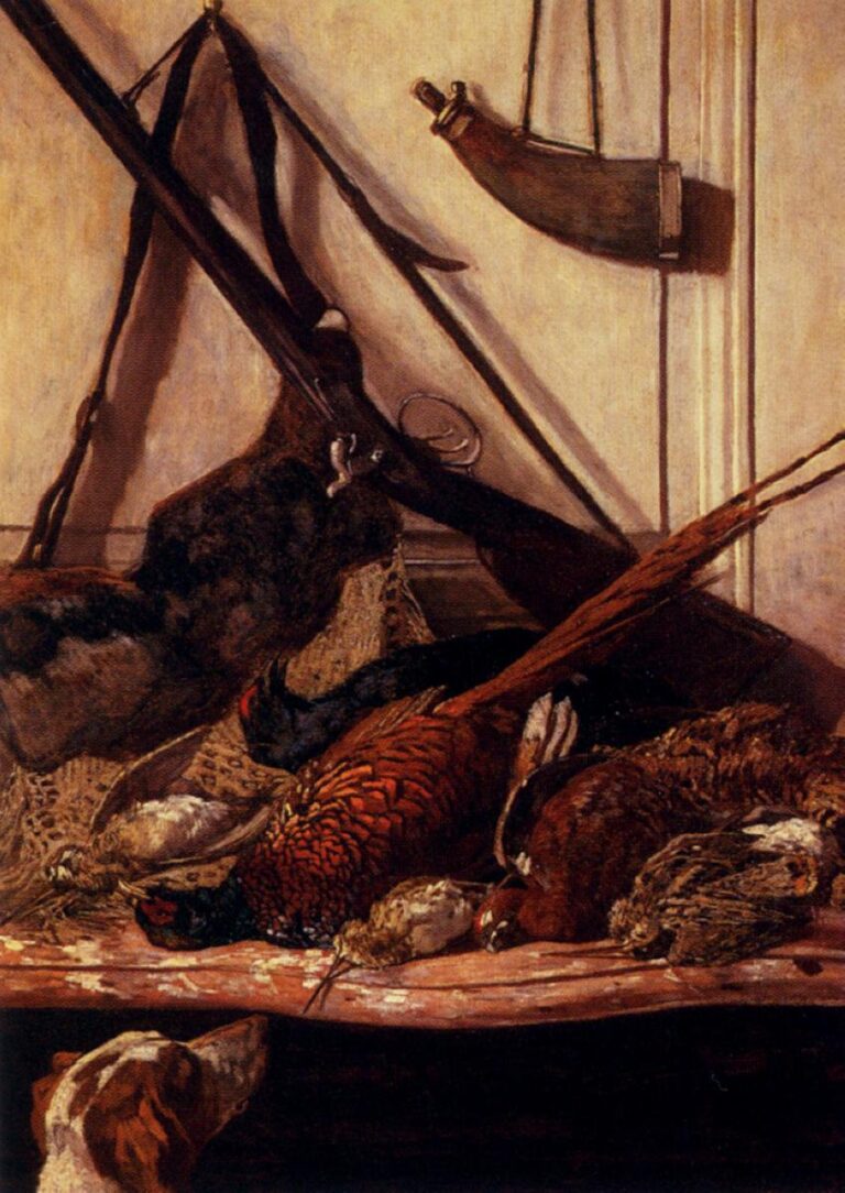 Claude Monet’s “Trophies of the Hunt” from 1862, an early still life showing hunting gear, birds, and rustic objects arranged in a dim interior with rich brown and red tones.
