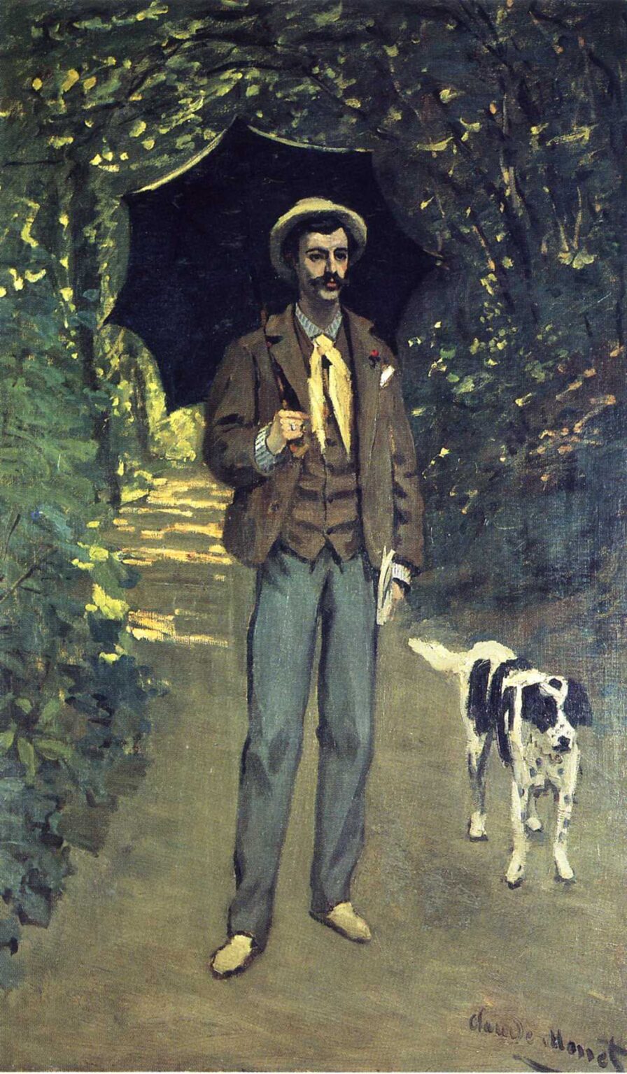 Claude Monet’s 1865 painting “Victor Jacquemont Holding a Parasol,” showing a slim, fashionably dressed man standing on a shaded garden path beneath a dark parasol, with a black and white dog beside him and dense green foliage surrounding the scene.