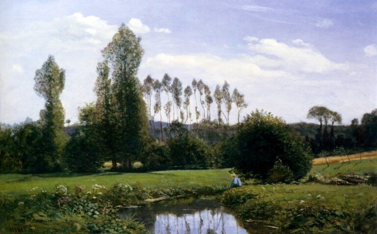 Claude Monet’s “View At Rouelles Le Havre” shows a peaceful rural landscape with a reflective stream in the foreground, green lawns, dense shrubs, tall slender trees, a pale blue sky with soft clouds, and a small seated figure near the water.