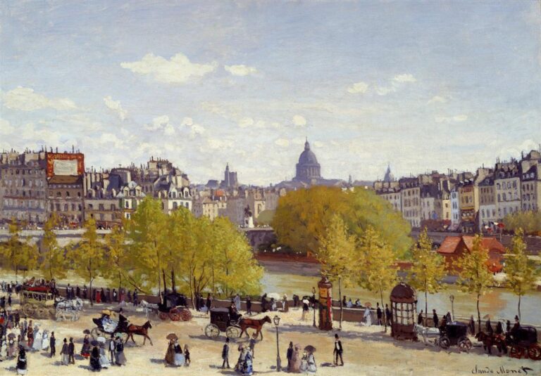 Claude Monet’s “Wharf of Louvre, Paris” shows a sunlit Paris riverside scene with pedestrians, horse drawn carriages, fresh green trees, the Seine, and a distant skyline beneath a pale blue sky.