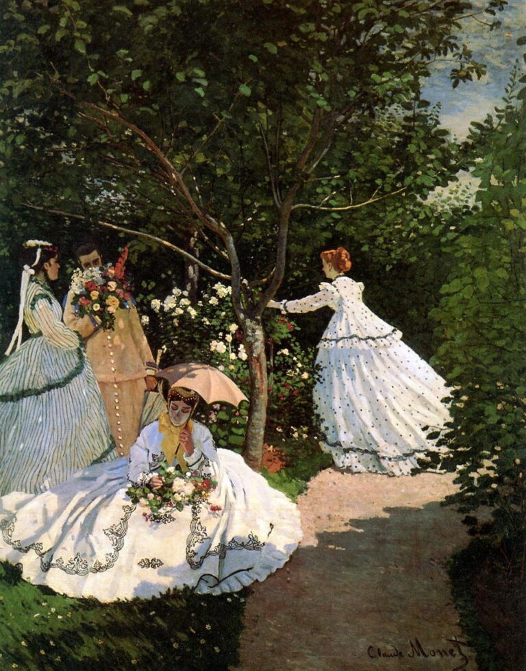 Claude Monet’s Women in the Garden shows four elegantly dressed women in white and pale gowns gathered among flowers and trees in a sunlit garden, with deep green foliage, dappled light, and a shaded path creating a refined summer atmosphere.