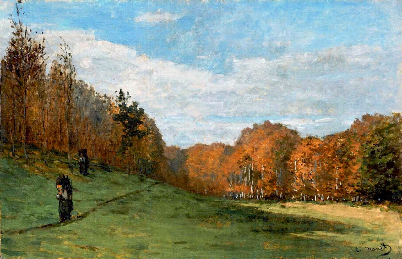 Claude Monet’s 1864 painting “Woodbearers in Fontainebleau Forest,” showing small figures carrying wood across a grassy slope beneath an expansive sky, with glowing autumn trees in the distance.