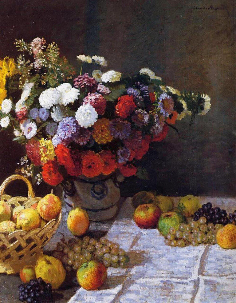 Claude Monet’s “Flowers and Fruit” shows a lush bouquet of red, white, yellow, and purple flowers in a vase, surrounded by apples, pears, grapes, and a basket on a pale tablecloth against a dark background.