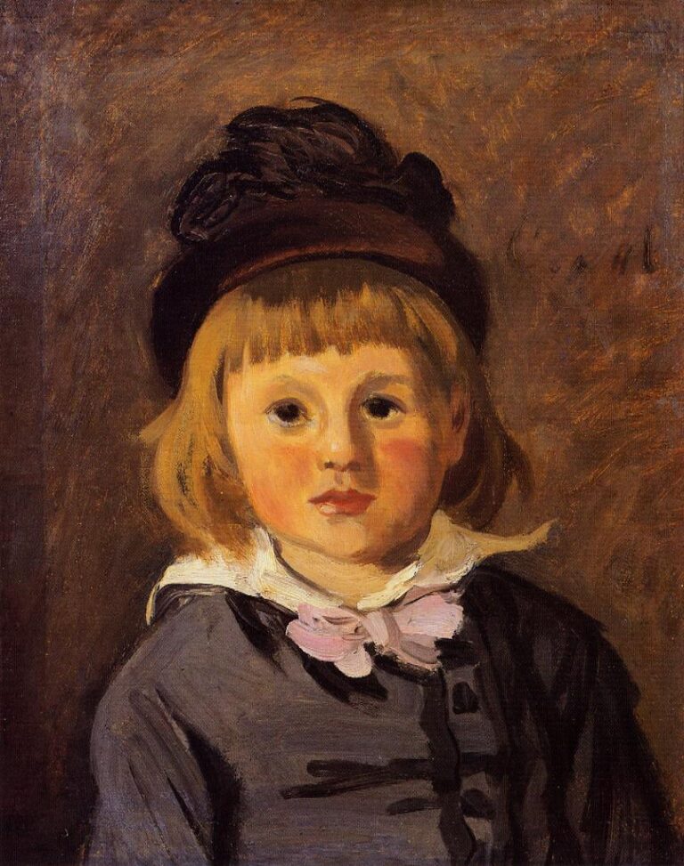 Claude Monet’s Portrait of Jean Monet Wearing a Hat with a Pompom, showing a young blond child in a dark hat, pale collar, pink bow, and dark clothing against a warm brown background.