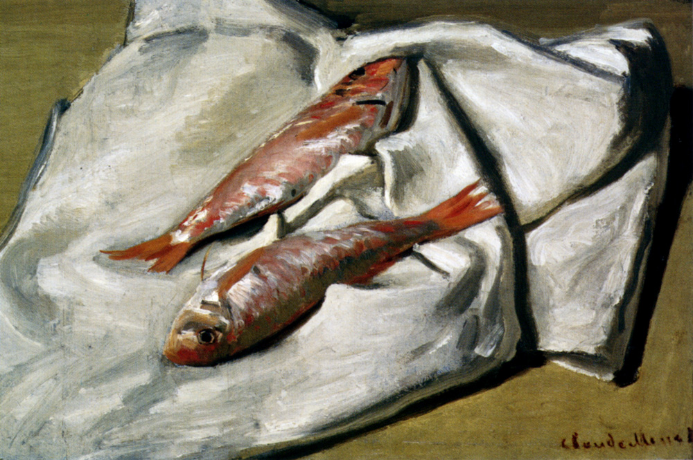 Claude Monet’s “Red Mullets” shows two reddish fish lying diagonally on a rumpled white cloth against a muted brown-green background.
