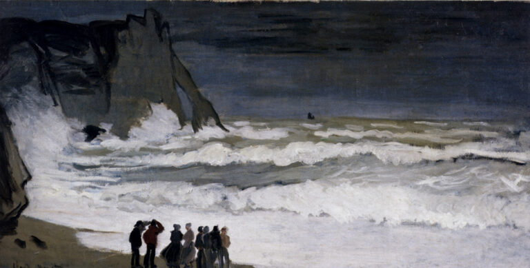Claude Monet’s “Rough Sea at Etretat” shows dark Normandy cliffs, crashing white waves, a stormy blue-gray sky, and a small group of figures watching the rough sea from the shore.