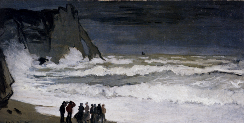 Claude Monet’s “Rough Sea at Etretat” shows dark Normandy cliffs, crashing white waves, a stormy blue-gray sky, and a small group of figures watching the rough sea from the shore.