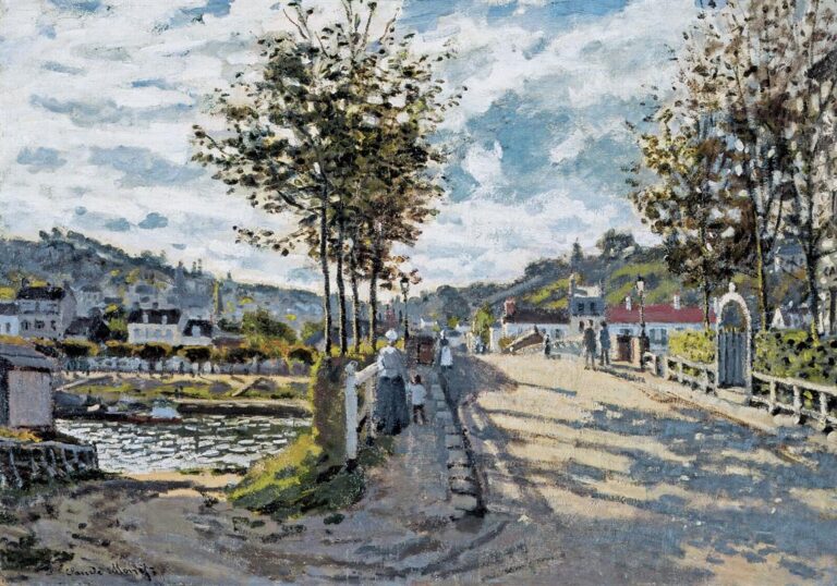Claude Monet’s “The Bridge at Bougival” from 1869, showing a sunlit bridge and road in Bougival with trees, village houses, figures, water, and a bright cloud filled sky.
