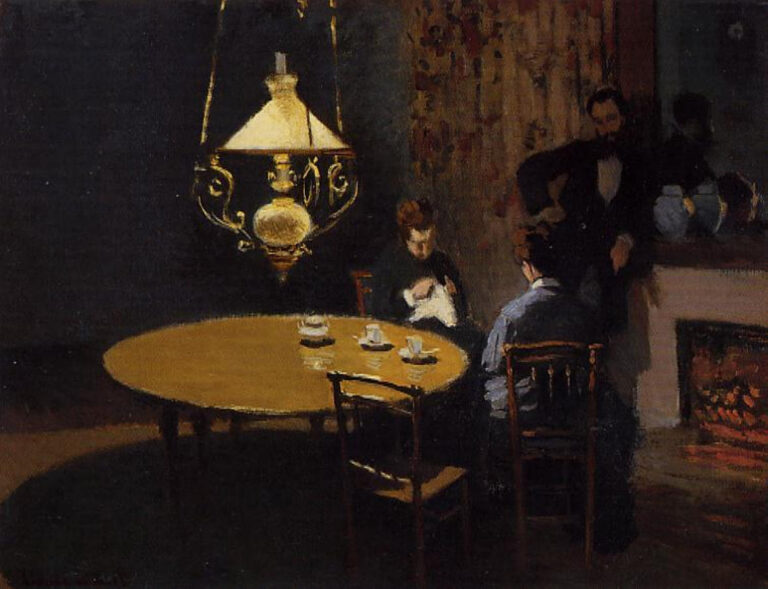 Claude Monet’s “The Dinner” shows a dimly lit dining room with a round table, hanging lamp, seated figures, and a warm fireplace glowing in the background.