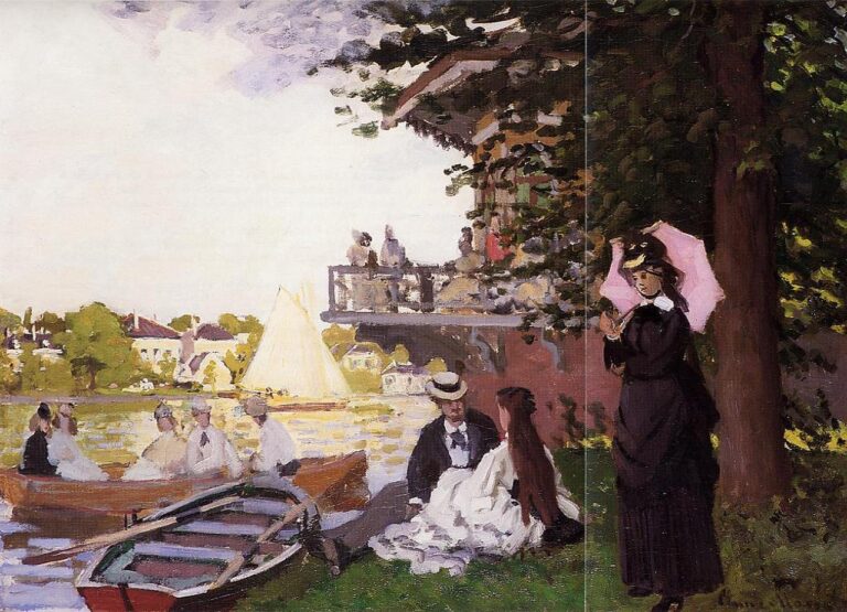 Claude Monet’s “The Landing State” from 1869, showing people gathered by a sunny riverside landing with boats, a glowing sail, shaded trees, and a woman holding a pink parasol.