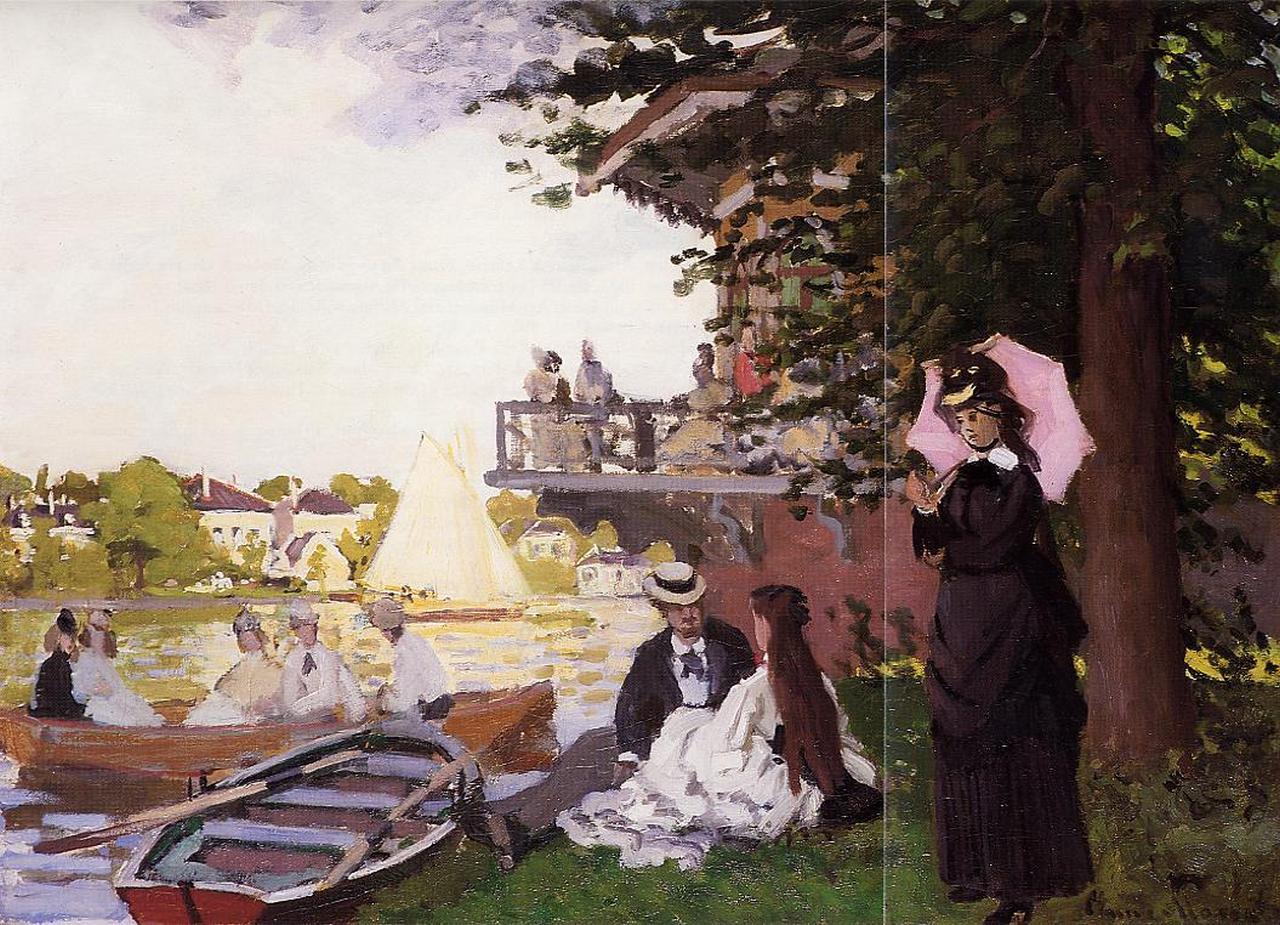 Claude Monet’s “The Landing State” from 1869, showing people gathered by a sunny riverside landing with boats, a glowing sail, shaded trees, and a woman holding a pink parasol.