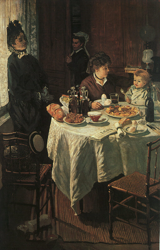 Claude Monet’s The Luncheon shows a dimly lit dining room with a woman and child seated at a table covered with food, bottles, plates, bread, eggs, and fruit, while a dark-clothed visitor sits near the window and a servant stands in the background.