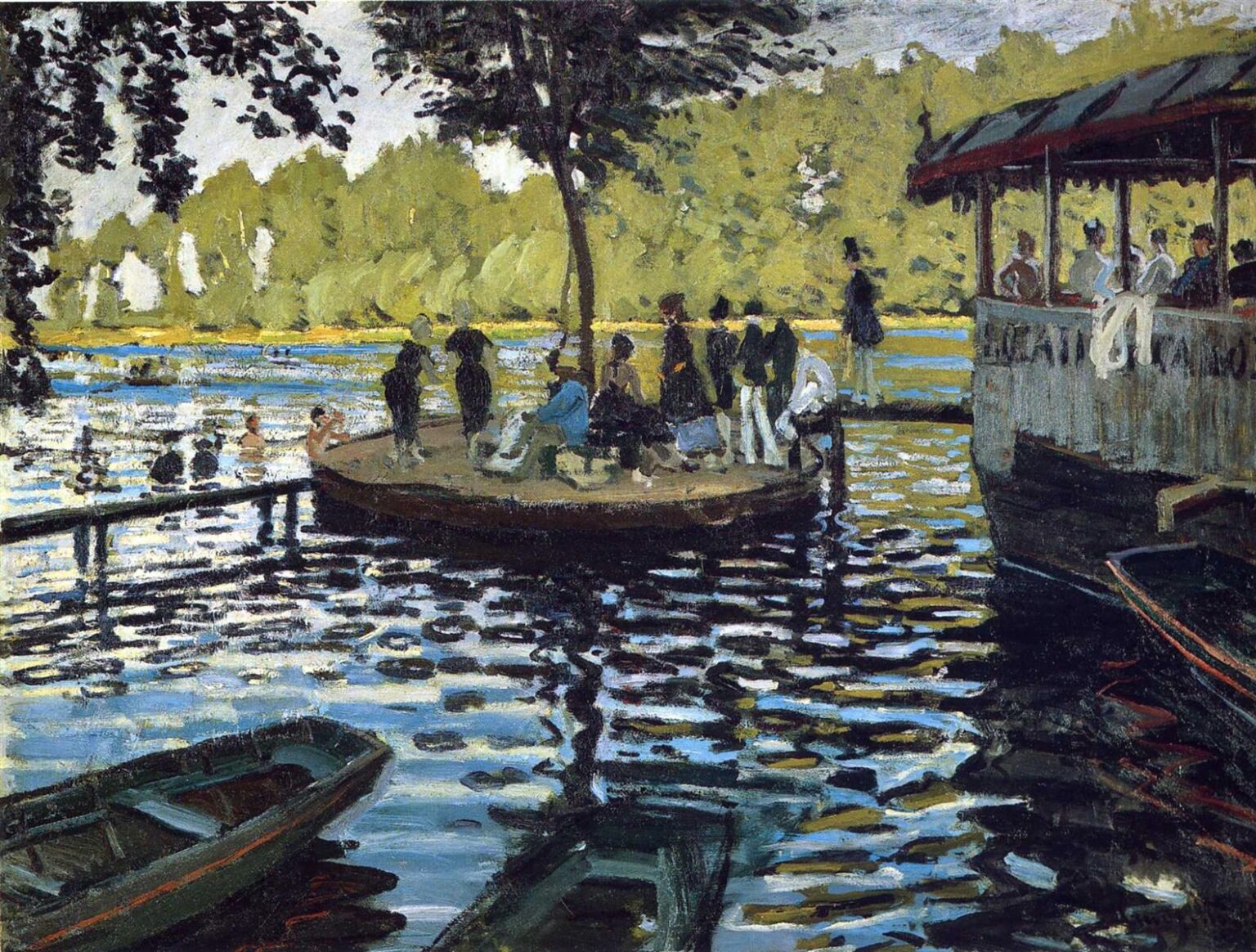 The Grenouillère (1869) by Claude Monet, depicting fashionable visitors gathered on a small tree-shaded island along the Seine, with swimmers, wooden boats, a floating riverside café, and shimmering blue and golden reflections painted in loose Impressionist brushstrokes.