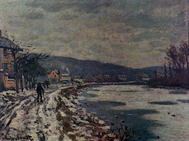 The Seine at Bougival (1869) by Claude Monet, depicting a quiet winter landscape with a snow-covered riverside path, a solitary pedestrian, leafless trees, village buildings, distant hills, and the Seine River beneath a cloudy gray sky.