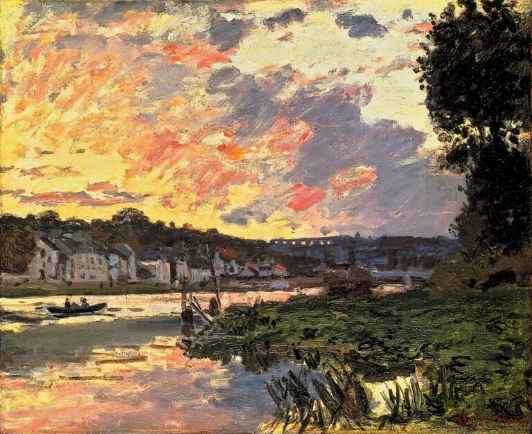 The Seine at Bougival in the Evening (1869) by Claude Monet, depicting a glowing orange, pink, and violet sunset over the Seine, with shimmering reflections, riverside houses, a small boat, and dark green vegetation along the riverbank.