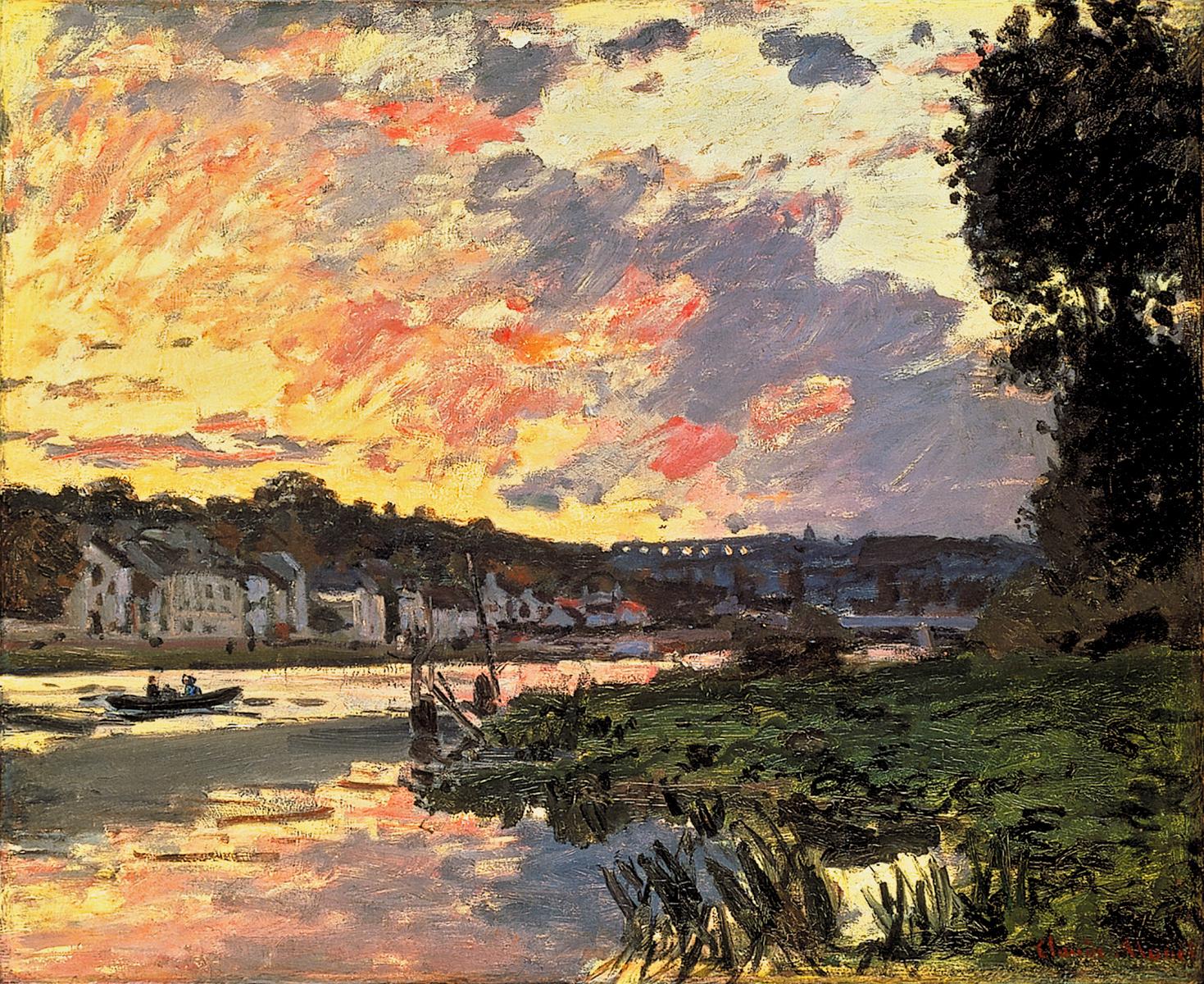 The Seine at Bougival in the Evening (1869) by Claude Monet, depicting a glowing orange, pink, and violet sunset over the Seine, with shimmering reflections, riverside houses, a small boat, and dark green vegetation along the riverbank.